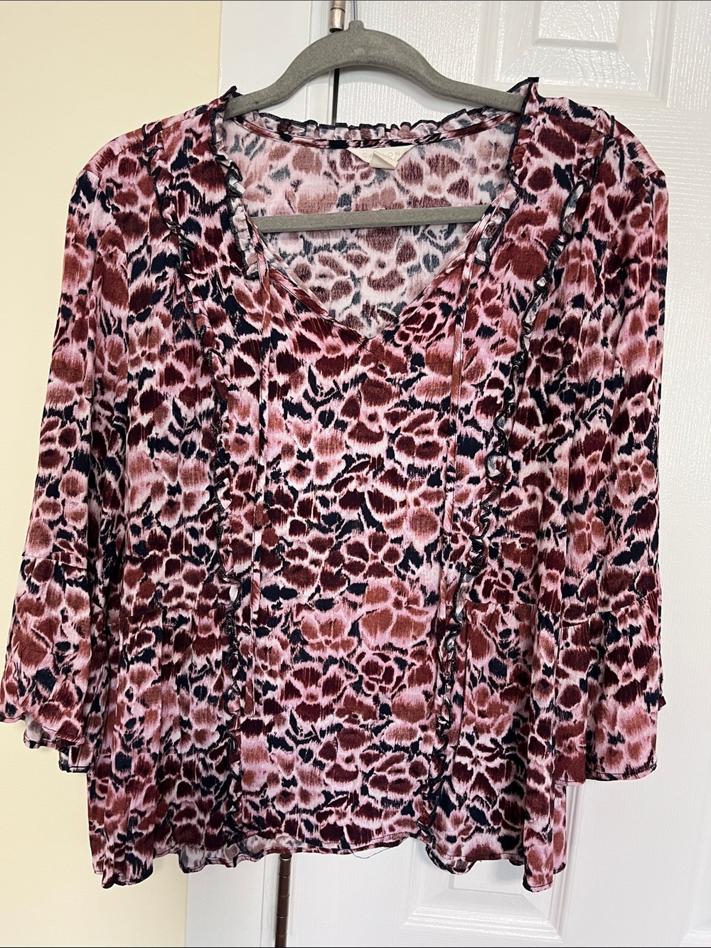 Caslon Pink and Burgundy Printed V-Neck Ruffle Blouse